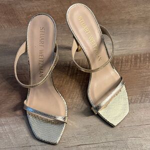 Stuart Weitzman Gold and Cream Strappy Mid-Heel Sandals